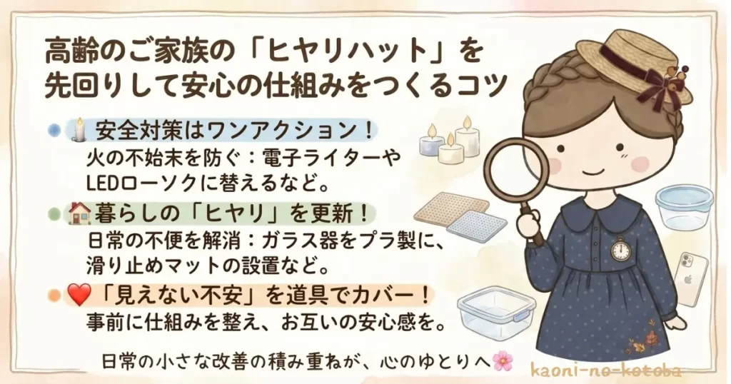 高齢の家族の暮らしにある火の扱いや転倒などの小さなヒヤリを先回りし、安全な道具や環境を整えて心のゆとりにつなげる方法を案内する生産性コラムの要約イラスト