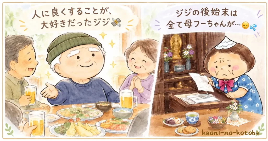 ジジが人に食事をご馳走する姿と、母フーちゃんが仏壇から借用書を見つけて困惑する様子を表したイラスト