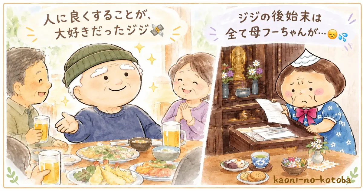 ジジが人に食事をご馳走する姿と、母フーちゃんが仏壇から借用書を見つけて困惑する様子を表したイラスト