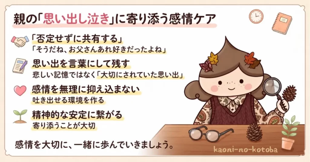 亡くなった家族を思い出して泣く親の気持ちを否定せず、思い出を言葉にして一緒に受け止める大切さをまとめた生産性コラムの要約イラスト