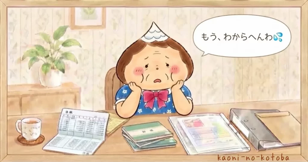 税理士さんから相続に関する書類や通帳について細かく確認され、母フーちゃんが「もう、わからへんわ」と困惑している様子を描いたイラスト