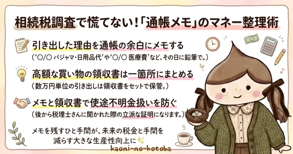 相続税の調査に備えて、通帳の引き出し理由や高額な買い物の領収書を記録・整理しておく大切さをまとめた生産性コラムの要約イラスト