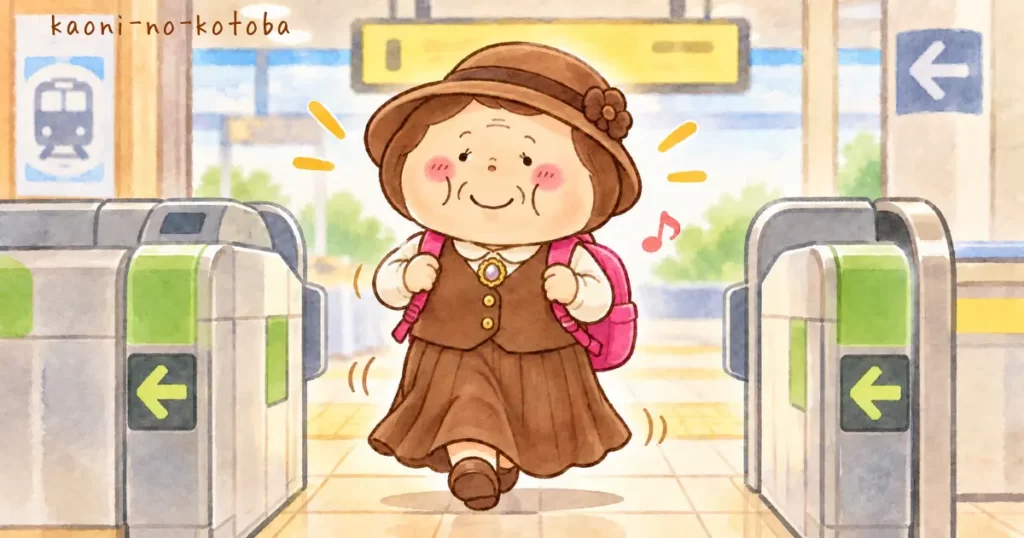 茶色のベストとロングスカートに帽子を合わせ、ショッキングピンクのリュックを背負った母フーちゃんが、駅の改札から嬉しそうに歩いてくる様子を描いたイラスト
