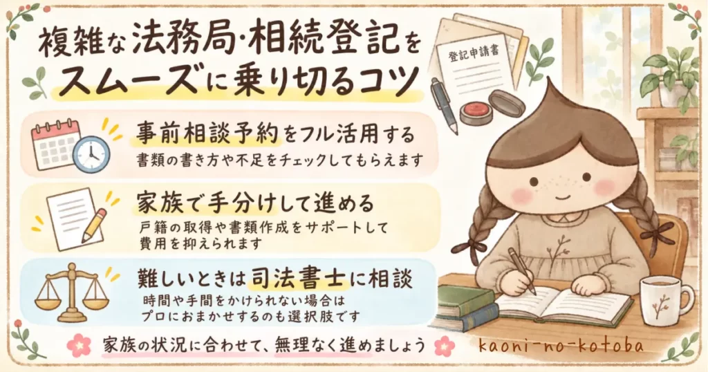法務局での相続登記をスムーズに進めるため、事前相談の活用や家族での役割分担、難しい場合は司法書士への相談をまとめた生産性コラムの要約イラスト