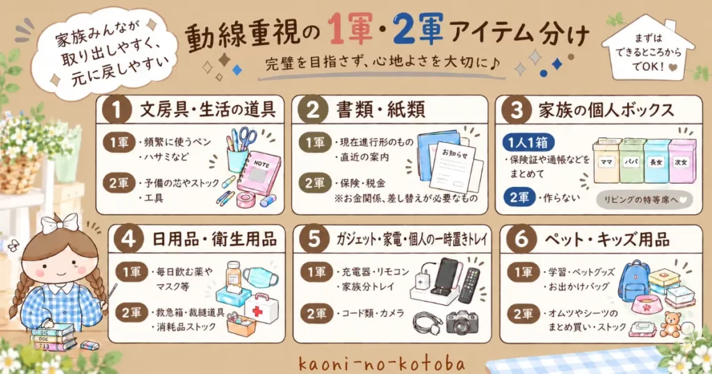 筆者かおにが、文房具や書類、日用品などを1軍と2軍に分け、家族みんなが取り出しやすく戻しやすい収納を考える方法を紹介するイラスト