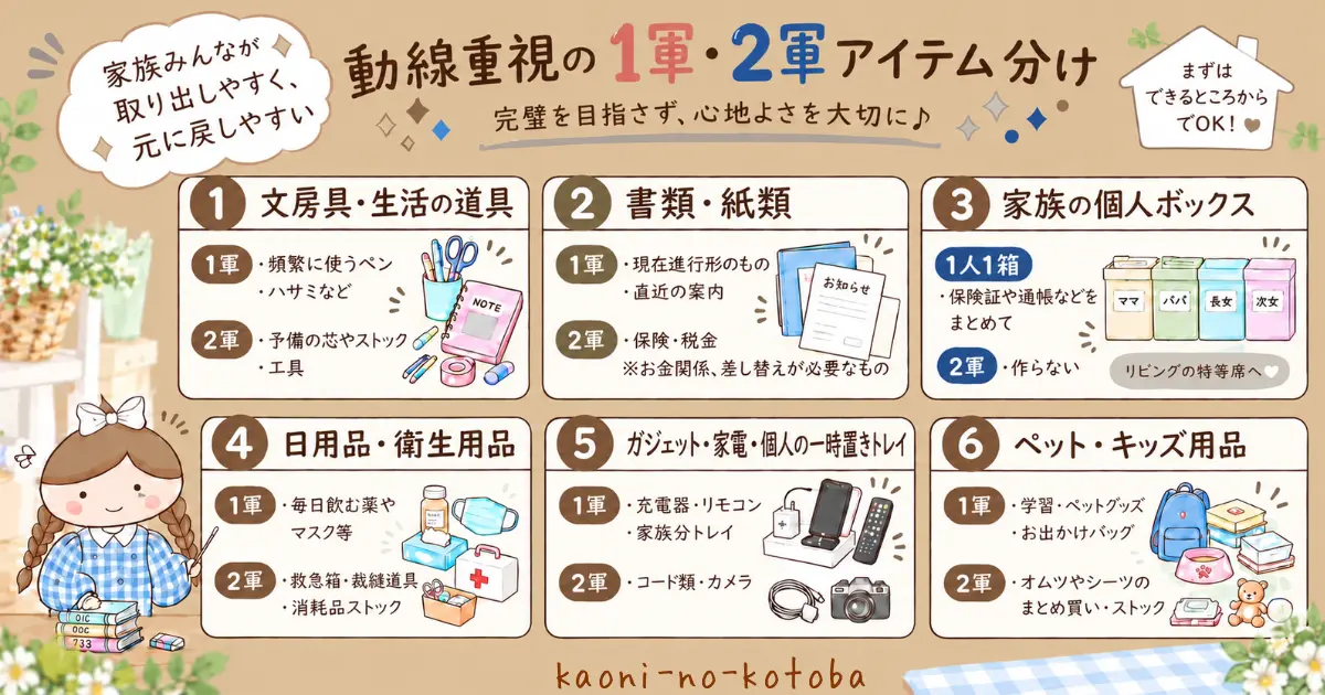 筆者かおにが、文房具や書類、日用品などを1軍と2軍に分け、家族みんなが取り出しやすく戻しやすい収納を考える方法を紹介するイラスト