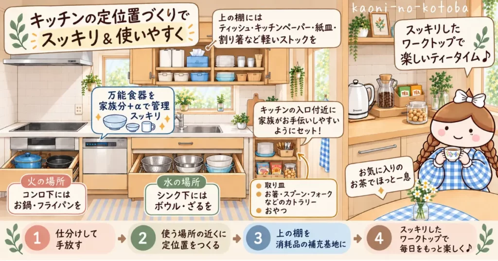 筆者かおにが、キッチンの道具を使う場所の近くに定位置づけし、家族も動きやすい収納とスッキリしたワークトップを整える方法を紹介するイラスト